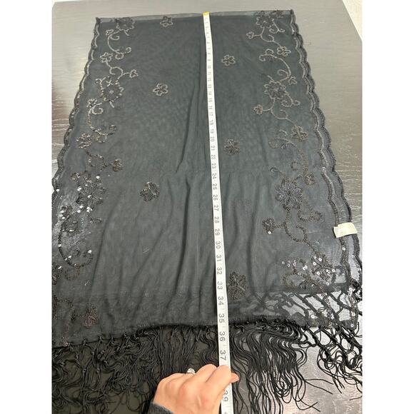Whimsygoth- Black Semi Sheer Shawl- Tassel- sequin floral design- preowned - Picture 7 of 8